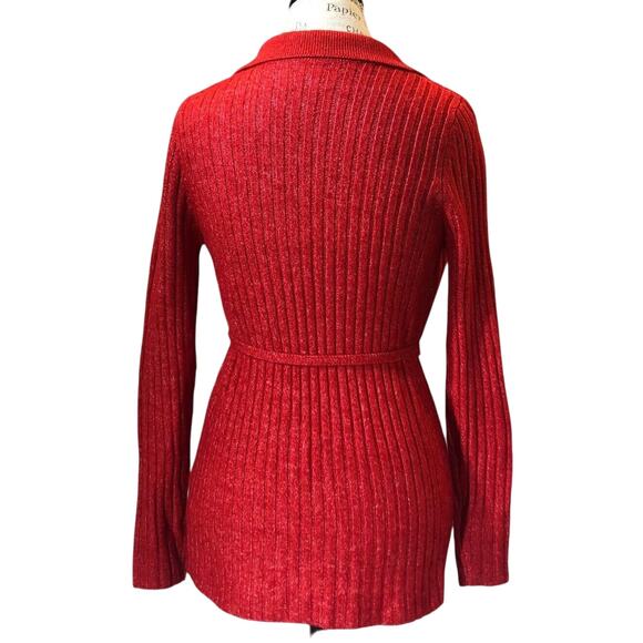 ASOS Design Cardigan Sweater Womens 8 Red Shimmer Open Front Belted Ribbed Knit - Picture 7 of 8